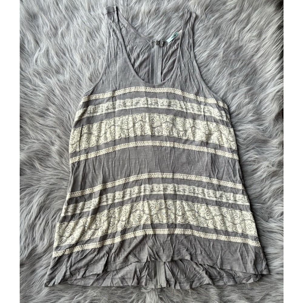 Kimchi Blue Tank Top Sz L Lace Sleeveless Full Back Zip Grey Ivory Summer Boho